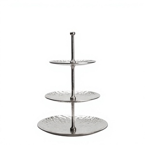 Multi Functional 3 Layer Silver Metal Cake Stand Round Hammered Serving Tray Ball Finial Handle Pastry Display Stand - Product Image 1