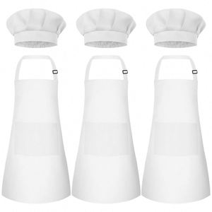 Juego de 3 Delantales de Chef para Niños con Cintura Ajustable, 2 Bolsillos, Poliéster, Lavable a Máquina, Blanco, para Cocinar, Hornear y Manualidades - Product Image 1