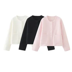 Autumn and winter round neck solid color French commuting simple versatile big pocket pink knitted cardigan for women