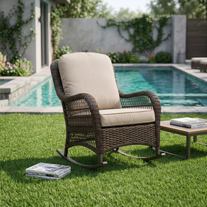 Fauteuil à bascule de jardin moderne et durable en rotin avec coussins beiges – Mobilier d'extérieur pour patio, jardin, parc et villa - Product Image 3