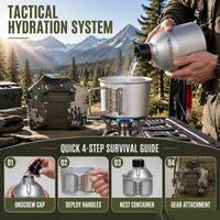 Kit de camping tactique portable, style US, gourde en aluminium camouflage, ensemble de 3 ustensiles de cuisson pour la survie et la randonnée