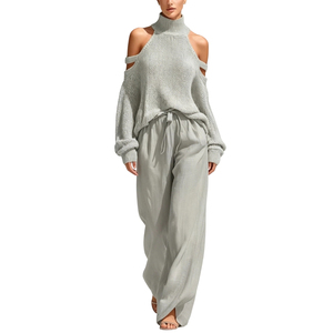 <span class=keywords><strong>Ensemble</strong></span> décontracté 2 pièces pour <span class=keywords><strong>femme</strong></span> : pull en maille à épaules dénudées et <span class=keywords><strong>pantalon</strong></span> large à cordon Sehe Fashion - Product Image 5