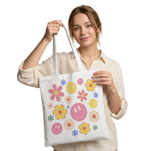 Canvas Tote <b>Bag</b> With Colorful Flowers And Smile Faces Pattern Large <b>Size</b> Daily Shopping <b>Bag</b> - Product Image 1