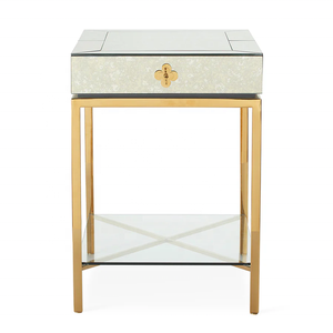Jonathan Adler Antique <strong>Mirrored</strong> Bedside Table with Drawer Gold Metal Base Glass Layer <strong>Nightstands</strong> Modern Bedroom Side Cabinets - Product Image 2