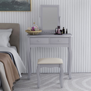Juego de tocador minimalista con cajones y espejo, escritorio de maquillaje gris con taburete para dormitorio o área de vestidor - Product Image 2