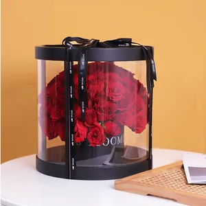 Luxury clear black plastic Preserved Bouquet round transparent flower gift packaging box for roses delivery with handle