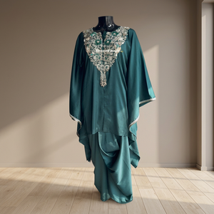 Luxury Satin Women's Drape Skirt Long Shirt <b>Set</b> Heavy Hand Embroidery Neckline Party Festive Indo Western Coord Custom <b>Colours</b> - Product Image 3