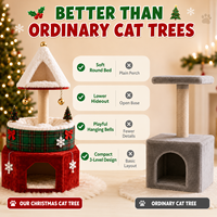 Maßgefertigter Weihnachts-Katzenbaum 90cm 3-stufiger Sisal-Kratzbaum Plüschbett Versteckte Höhle Glockenspielzeug OEM ODM für Mehrkatzen-Haushalte