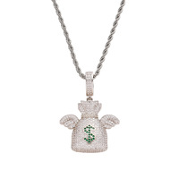 Collier pendentif hip-hop avec ailes et pochette dollar entièrement serties de zircons