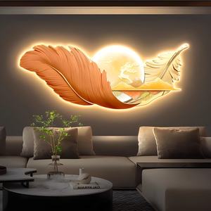 Cuadro Decorativo de Lujo con Plumas para Sala de Estar, Arte Mural Tallado con Luces LED para Fondo de Sofá, Venta al por Mayor y Personalizado - Product Image 1