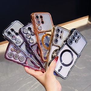Glitter Diamond Transparent Phone Case for Samsung <strong>Galaxy</strong> S24 S25 S26 Ultra Wireless Charging Magnetic Plating Wave Edges Cover - Product Image 1