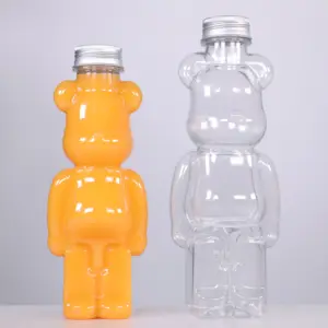 Plastic juice packaging 400 500 700 ML clear bear Shape Pet Milk Tea Bottle Disposable Juice Beverage Bottle With Aluminum Lid