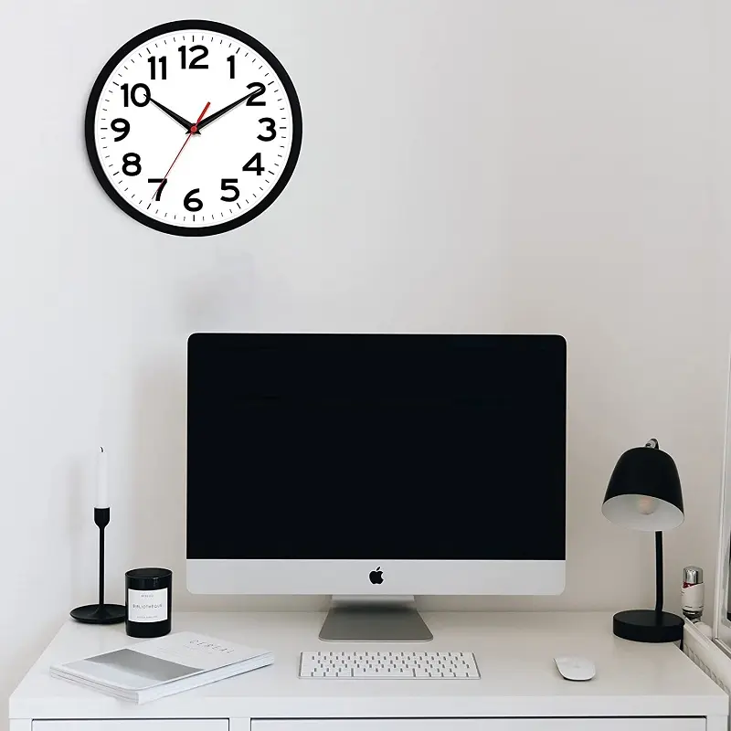 Relógio de parede de plástico, relógio de parede preto barato, mostrador branco, 10 polegadas, silencioso, moderno, clássico, redondo, relógios personalizados
