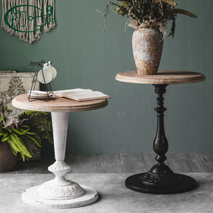 Round Solid Wood Coffee <b>Table</b> With Wrought Iron Base <b>Outdoor</b> Balcony Side <b>Table</b> Retro Distressed Living Room Furniture - Product Image 3