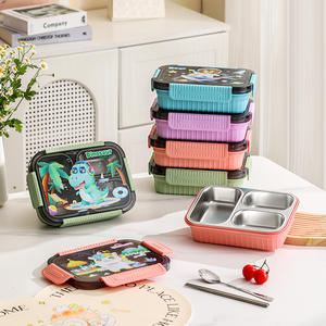 Stainless Steel Lunchbox 800-1000ml With Sealed <b>Compartments</b> For Office And Students Pink Blue Green Purple Cartoon Pattern - Product Image 5