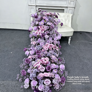 Décoration de table de mariage et d'allée en fleurs artificielles en soie, chemin de table floral cascade rose, violet et blanc sur mesure de 2 m pour la vente en gros - Product Image 3
