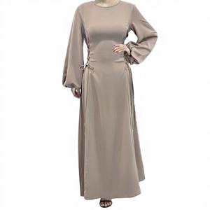 Robe longue modeste à manches lanternes et taille lacée en dentelle respirante, couleur violet poussiéreux, pour femmes musulmanes, printemps-été, Ramadan - Product Image 5