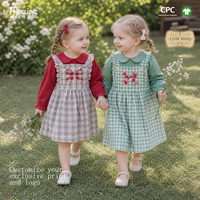 Ensemble de vêtements 2 pièces pour filles, haut à col Peter Pan, jupe à bretelles à carreaux, tenue en tissu gingham vert avec nœud