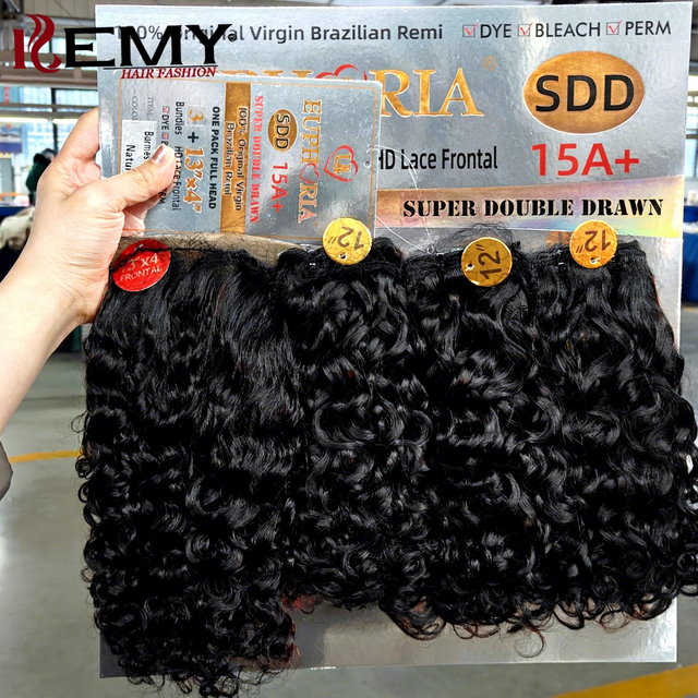 KEMY HAIR Burmese Curl Super Double Drawn Bundles With 4*13 Frontal Bone Straight Brazilian Remy Human Hair Pack for Black Women