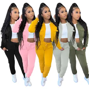 Wholesale Fashion Women tracksuit Suit Solid color With pocket Brushed Sweat Pants Two Piece Sweat Sets For Woman