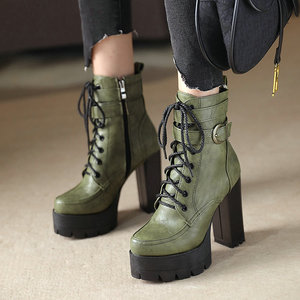 Nueva llegada de Otoño/Invierno, botas cortas Retro británicas para mujer, zapatos de <span class=keywords><strong>plataforma</strong></span> de tacón alto versátiles <span class=keywords><strong>con</strong></span> aumento de altura de tacón grueso - Product Image 2