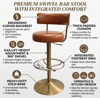 Tabouret de bar vintage en cuir avec dossier, pivotant et réglable en hauteur, en métal doré, pour restaurant et comptoir de bar