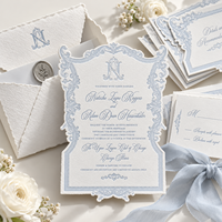 Ensemble de cartes d'invitation de mariage personnalisées en damassé bleu et blanc, gaufrées, découpées, avec sceau de cire et ruban, vente en gros, fabricant en vrac
