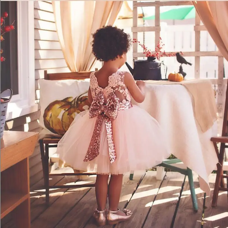High quality Fashion Kids Clothing Gold Sequins Bow Lace Flower Girl Dress Birthday Little Girl Party Dresses