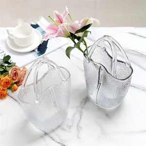 Wholesale Customized Simple Portable Glass Handbag Vase Flower Clear Cylinder Glass Vase Purse Vase For Decoration