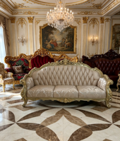 Ensemble de canapés Chesterfield de luxe en tissu, avec structure en bois sculpté, éponge écologique, accoudoirs incurvés en U, style français pour salon