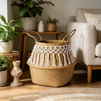 Cesta de Plantas Tecida Estilo Boho para Decoração de Casa com Franjas de Macramê, Logo Personalizável, Vaso Natural para Plantas Internas