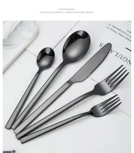 Set alat makan sendok garpu pegangan persegi hitam pesta baja tahan karat 5 peralatan perak tebal
