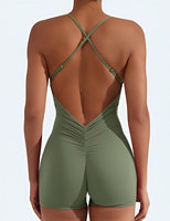 Combinaison de sport pour femme, dos nu, à fines bretelles, imprimée, infroissable, en Spandex/Nylon, couleur unie, avec short taille haute, vert olive