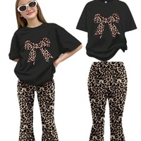 Ensemble 2 pièces pour filles, t-shirt à manches courtes à imprimé floral rose, pantalon évasé, tenue d'été décontractée pour enfants, en coton