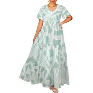 ชุดเดรสยาวพิมพ์ลายชนเผ่าโพลีนีเซียนแบบไท-ได ดิจิตอลพิมพ์ลาย คอวี เอวสูง แขนสั้น ทรงหลวม สไตล์ลำลองสำหรับฤดูร้อน - Product Image 3