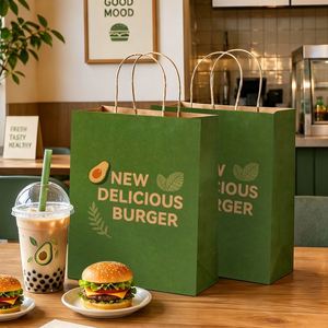 Custom Eco-Friendly <b>Biodegradable</b> Kraft <b>Paper</b> Bags for Fast Food Hamburgers Twisted Handles Design for Restaurants - Product Image 6
