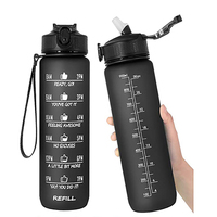 Bouteille d'eau de sport en plastique écologique 1L/32oz avec paille et couvercle à clapet, marqueur de temps motivant pour boire directement, sans danger pour les aliments, compatible lave-vaisselle