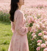 Robe longue à fleurs pour femmes, manches longues, col en V, volants en mousseline, style bohème, pour les vacances, printemps-été, fabricant OEM