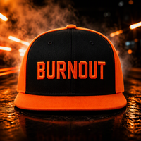 Topi Baseball Snapback Premium Vintage Twill Dua Warna 6-Panel, Panel Depan Hitam, Sisi Oranye, Pinggiran BURNOUT, Bordir 3D Timbul