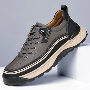 Men's Leather Platform Casual Sneakers, Quick-Lace Fashion Chunky Walking <b>Shoes</b> for Daily Wear - Product Image 1
