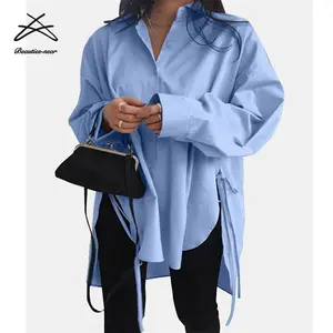 Blus Atasan Wanita, kaus atasan lengan panjang kasual warna polos celah ukuran besar S-5XL Musim Semi