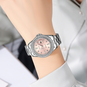 Montre à quartz ronde pour femme SKMEI, bracelet en acier inoxydable, cadran en verre, affichage à aiguilles, étanche 3BAR, élégante et tendance - Product Image 1