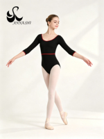 Justaucorps de danse pour filles Anna Shi noir avec bordure rouge, manches 3/4, pour entraînement de ballet, cours de danse professionnels, combinaison de pratique