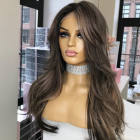 Nouvelle perruque ondulée brune avec mèches cendrées, 100 % cheveux humains, pour femmes, en cheveux vierges Remy européens, perruque frontale en dentelle 13x4 avec frange
