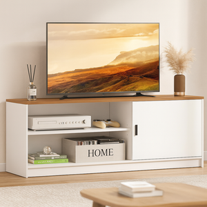 Corps de meuble TV blanc propre minimaliste écologique Support de téléviseur en noyer chaud Étagères ouvertes Porte coulissante pour le salon - Product Image 3