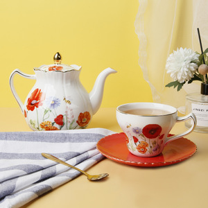 ถ้วยกาแฟเซรามิกสไตล์ชนบทอังกฤษพร้อมจานรอง - ลายดอกไม้สีแดงรูปทรงดอกไม้สำหรับน้ำชายามบ่าย - Product Image 2