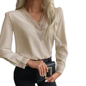 Camisas de gasa de seda satinada para mujer, blusa informal de manga larga de encaje con cuello de pico bordado para otoño