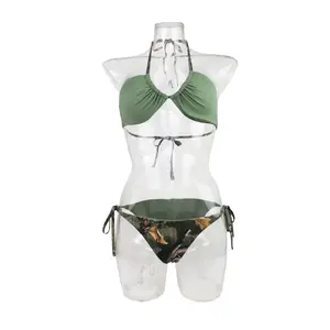 Reversible Lace Up Swimsuits Military Tree Camouflage Print Triangle Bikini