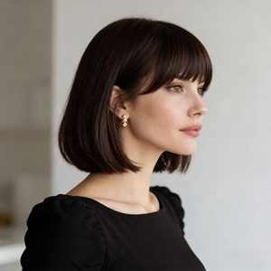 2026년형 도매용 짧은 갈색 레이어드 합성 헤어 가발, 짙은 갈색 어깨 길이 스트레이트 앞머리 있는 가발, 자연스러운 스타일 SM7252 - Product Image 4