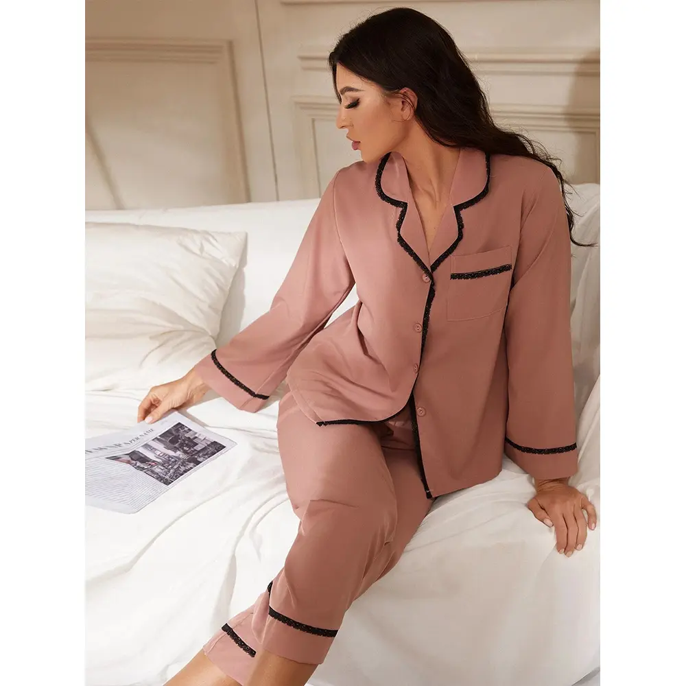 OEM оптовая продажа, индивидуальная женская пижама из 100% хлопка с длинным рукавом, комплект из двух предметов, приятная на ощупь Розовая домашняя одежда, одежда для сна, комплект длинных брюк